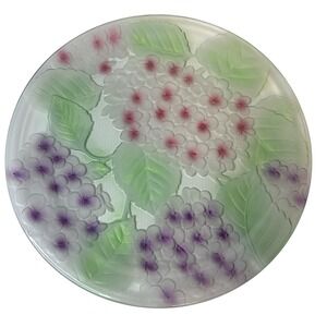 KIG Indonesia Glass Hydrangea‎ Serving Plate/Platter 13" Pink Purple Green VTG
